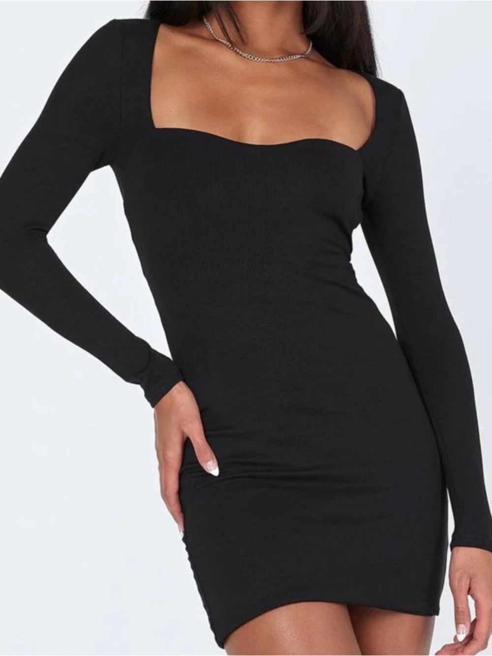 Princess Polly Nolan Mini Black Long-Sleeve Square-Neck Bodycon Dress - Women's